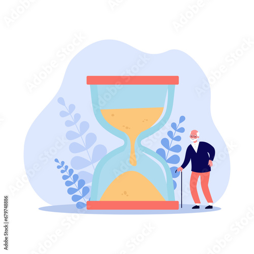 Huge sand-glass and aged man with crutch nearby. Flat vector illustration. Increase of older people in world. Population aging concept