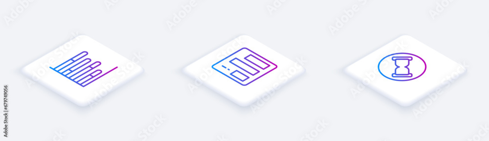 Set Isometric line Pie chart infographic, and Old hourglass with sand. White square button. Vector Set Isometric line Pie chart infographic, and Old hourglass with sand. White square button. Vector