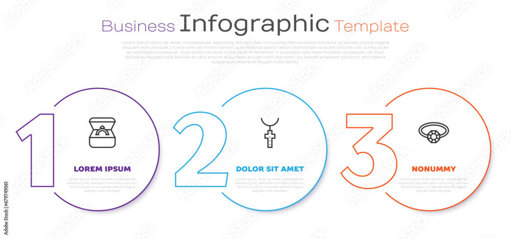 Set line Diamond engagement ring in box, Christian cross chain and . Business infographic template. Vector Set line Diamond engagement ring in box, Christian cross chain and . Business infographic template. Vector