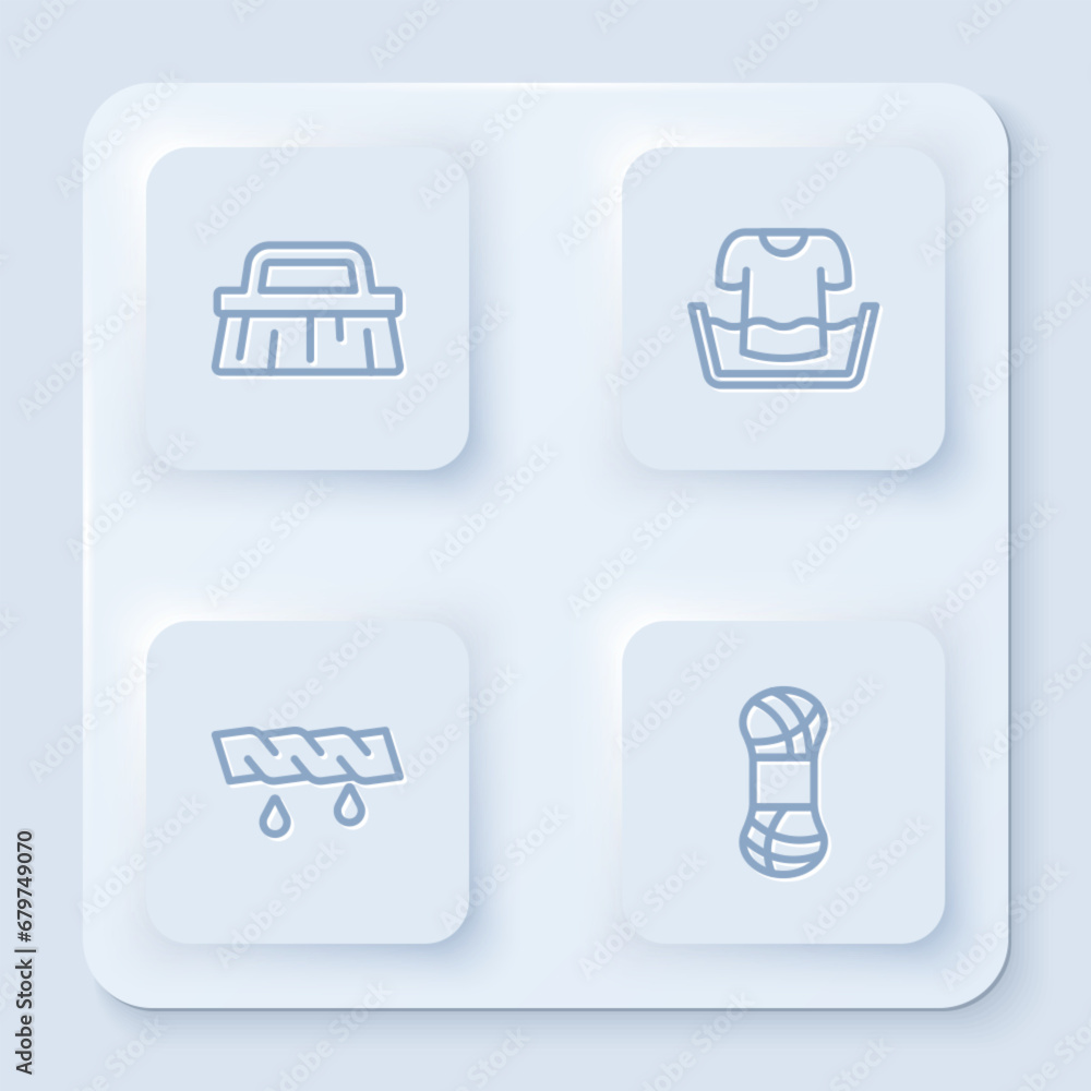 Set line Brush for cleaning, Basin with shirt, Squeeze clothes and Yarn. White square button. Vector Set line Brush for cleaning, Basin with shirt, Squeeze clothes and Yarn. White square button. Vector