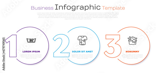 Set line Temperature wash, Dirty t-shirt and Basin with soap suds. Business infographic template. Vector