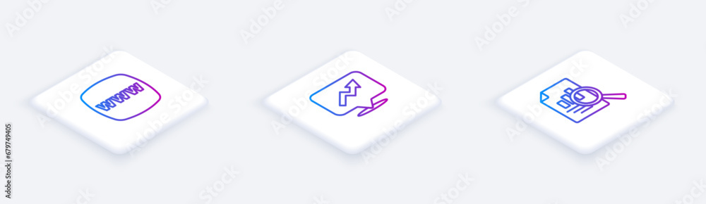 Set Isometric line Website template, Financial growth and Document with graph chart. White square button. Vector