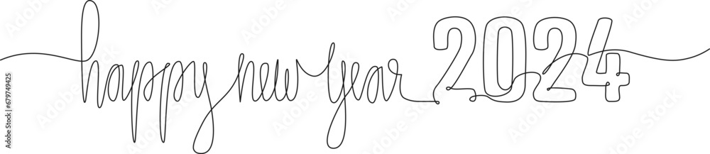 continuous single line drawing of handwritten text happy new year 2024, new year line art vector illustration