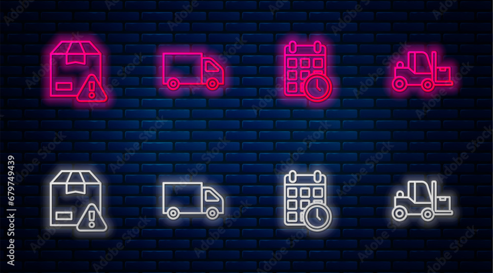 Set line Delivery cargo truck, Cardboard box with calendar, security shield and Forklift. Glowing neon icon on brick wall. Vector Set line Delivery cargo truck, Cardboard box with calendar, security shield and Forklift. Glowing neon icon on brick wall. Vector