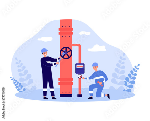 Two workers with spanners blocking gas line. Flat vector illustration. Problems with gas supplies, energy crisis, sanctions concept