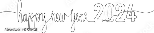 continuous single line drawing of handwritten text happy new year 2024, new year line art vector illustration