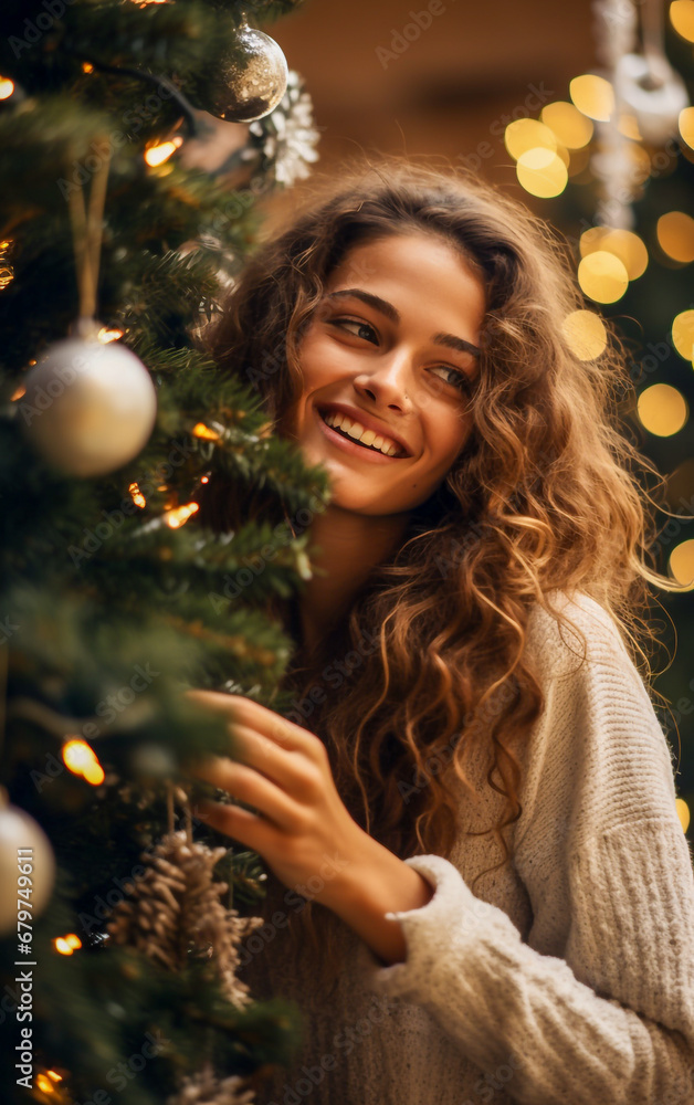 A beautiful smiling young woman is excited as she decorates the Christmas tree