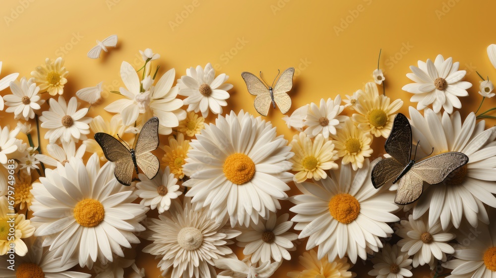 Beautiful Wild Flowers Daisies Butterfly Morning, HD, Background Wallpaper, Desktop Wallpaper