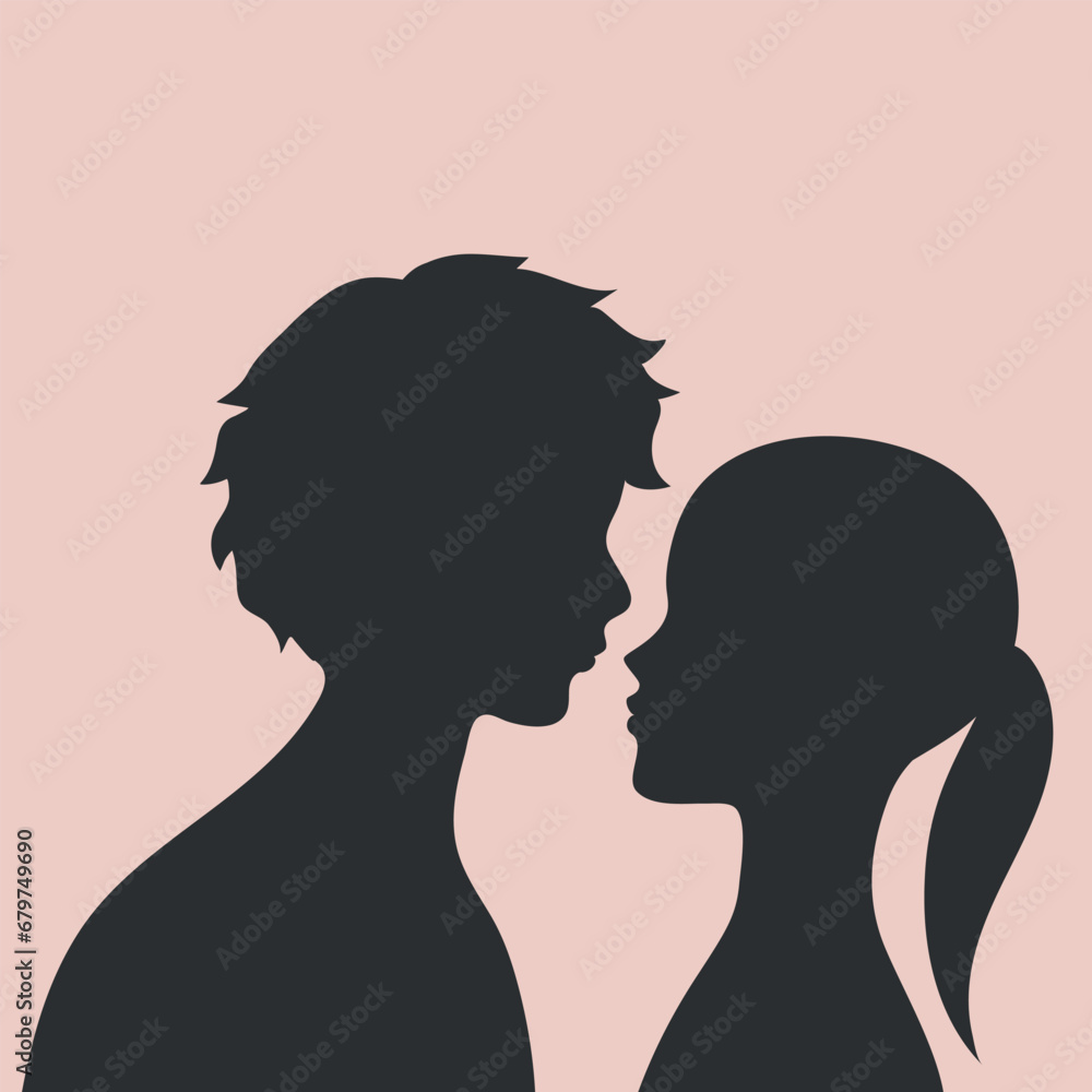 Guy and Girl silhouettes. Silhouettes of lovers Man and Woman standing face to face. Vector illustration