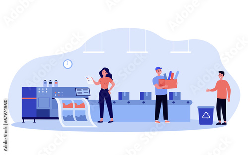 Lifecycle of product from design to disposal. Vector illustration of people working on different stages of product design creating, producing, using and recycling. Product life cycle