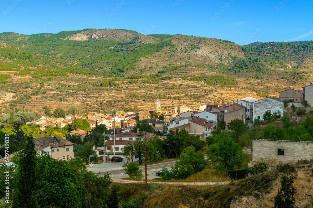 View of the village of Casas Altas in Rincón de Ademuz in Spain, on a sunny afternoon. Summer 2023