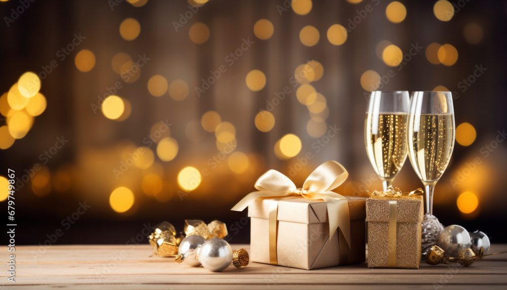 .Celebrate the new year with golden champagne bubbles, clinking glasses, and festive lights. Cheers to a joyous and sparkling occasion, banner