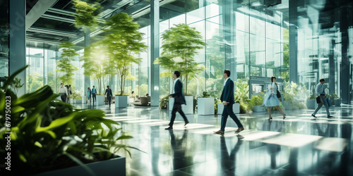 Bright business workplace with people walking in motion blur in a modern office space with large windows and green plants