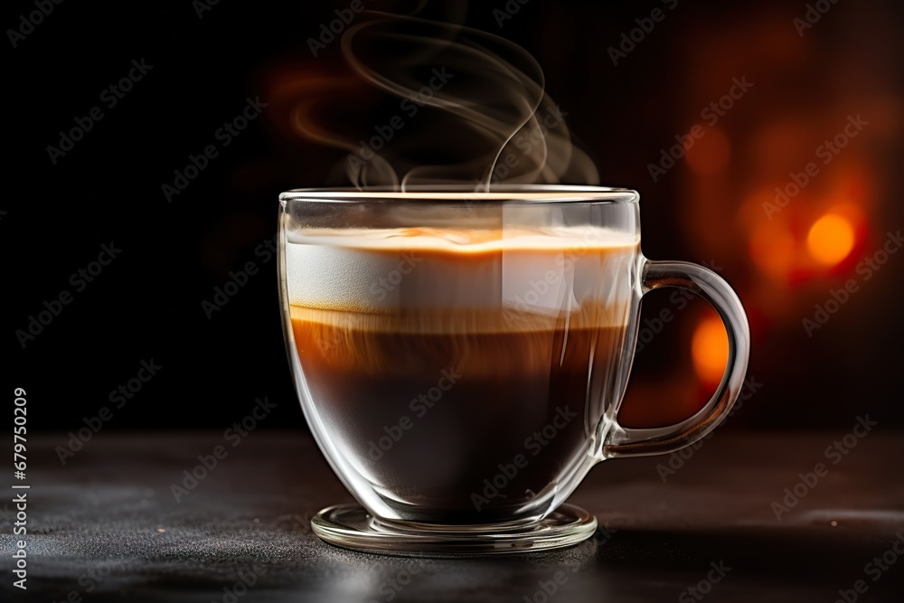 Glass cup of hot steaming latte coffee Glass cup of hot steaming latte coffee