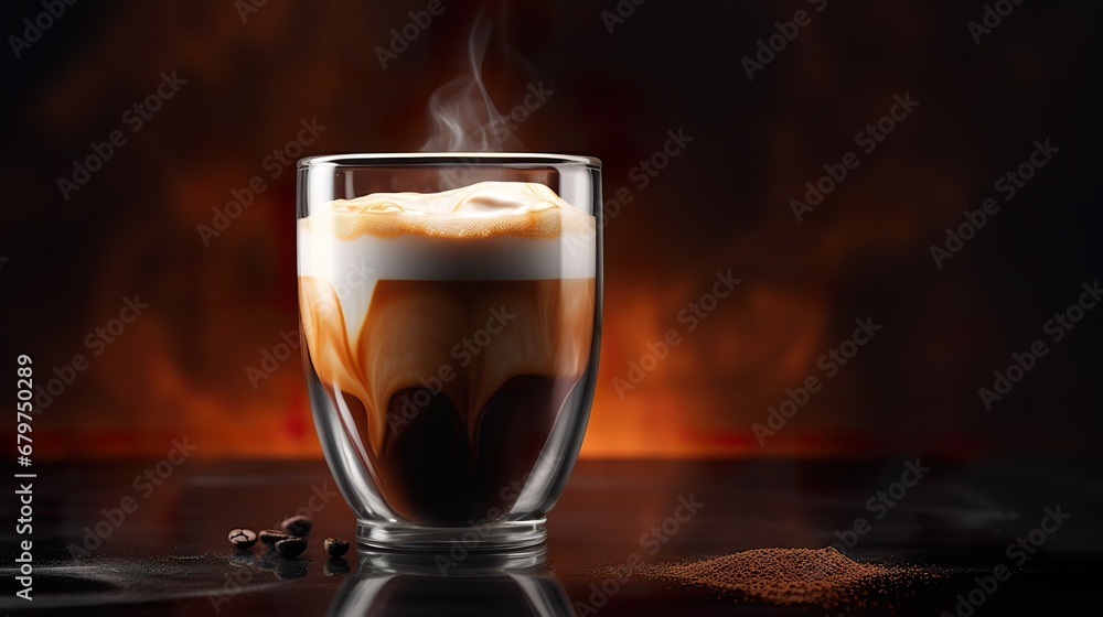 Glass cup of hot steaming latte coffee Glass cup of hot steaming latte coffee