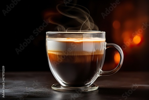 Glass cup of hot steaming latte coffee