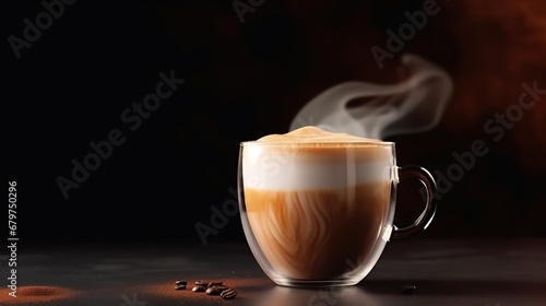 Glass cup of hot steaming latte coffee photo