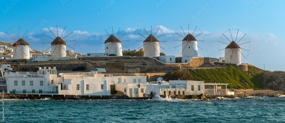 The iconic Mykonos windmills Mykonos island, Cyclades Islands, Aegean Sea, Greece, Built by the Venetians in the 16th c. to mill wheat