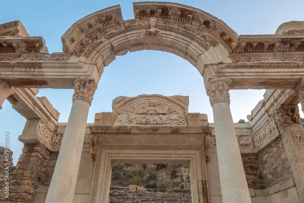 Remains of the Temple of Hadrian among the ruins of the ancient Greek and Roman City of Ephesus near Selçuk, İzmir Province, Turkey (Türkiye)