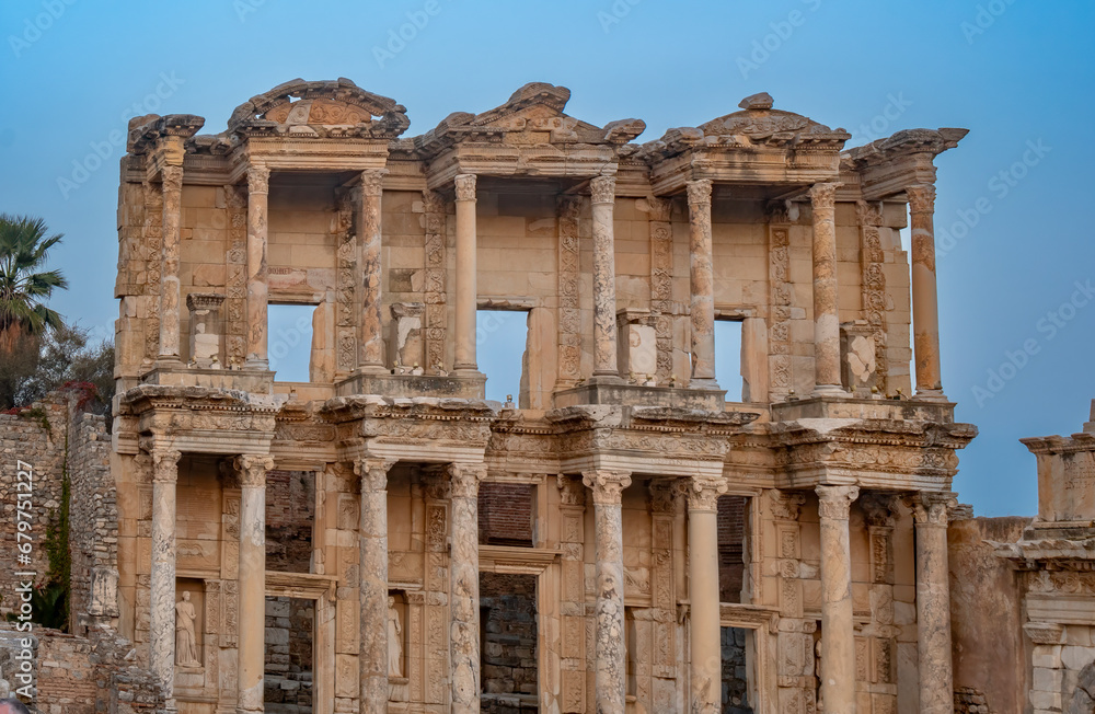 The iconic Library of Celsus among the ruins of the ancient Greek and Roman City of Ephesus, Turkey (Türkiye)
