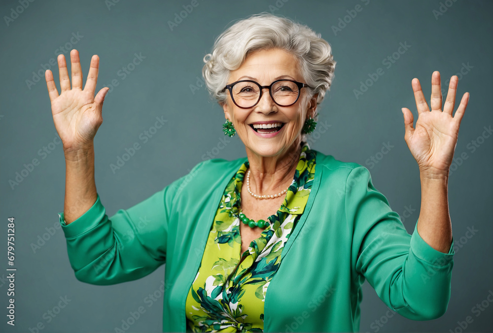 Beautiful elderly woman in green outfit and classic glasses laughs cheerfully on a plain background Beautiful elderly woman in green outfit and classic glasses laughs cheerfully on a plain background