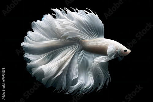 Shimmering bright white Betta fish with long, flowing fins against a black background. isolated © Old Man Stocker