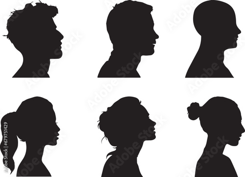 set of human heads silhouette, face silhouette, man and woman, people