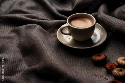 a cup of coffee on dark fabric