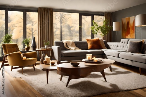 a modern living room in a mid-century modern-style home, featuring earthy colors, sleek furniture, a fur blanket on a grey sofa near a coffee table with candles 
