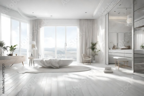 White bathroom and bedroom interior