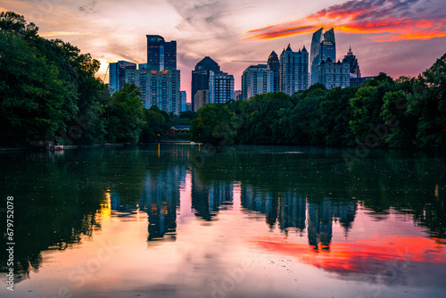 Panoramic view of Atlanta skyline during sunset shot from Piedmont Park in downtown Atlanta, GA,USA photo