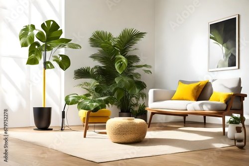a minimalist yet inviting modern living room, highlighting the striking contrast between a floor lamp's sleek design, the lush greenery of a potted monstera plant