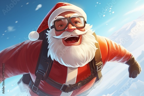 Santa Claus is skydiving, his jolly face beaming with excitement as he freefalls through the air Christmas funny illustration photo