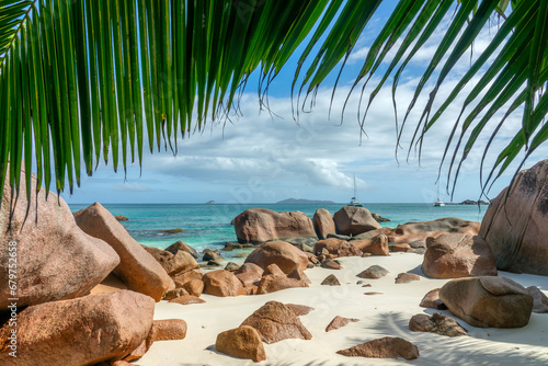 Palm trees and granite rocks at Anse Lazio, scenic beach in Praslin island, Seychelles