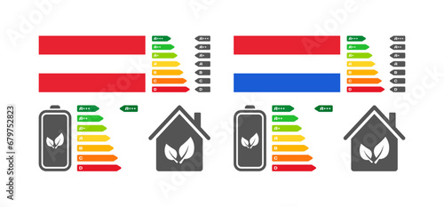 Letter rating icons. Flat, color, Austria, Netherlands national flag, battery letter rating, houses. Vector icons