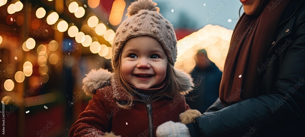 young baby girl with father closeup portrait smiling at Christmas festival at night time with bokeh light, winter fun fair happiness time, Generative Ai young baby girl with father closeup portrait smiling at Christmas festival at night time with bokeh light, winter fun fair happiness time, Generative Ai