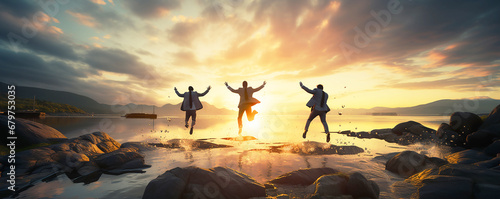 freedom and creativity Silhouette Businessmen Jumping to Success in Corporate Collaboration,
 Corporate Energetic Success: Silhouette Businessmen Jumping in Joy, Feel the excitement and motivation photo