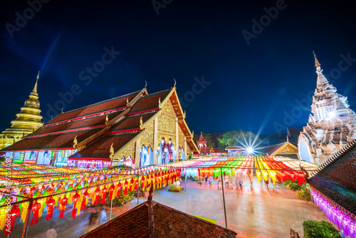 Beautiful Lanna lamp lantern are northern thai style lanterns in Loi Krathong or Yi Peng Festival at Wat Phra That Hariphunchai is a Buddhist worship temple It a tourist attraction Lamphun Thailand.