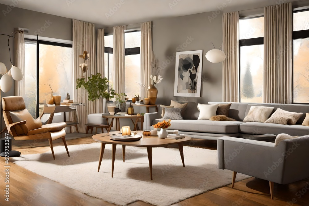 Paint a vivid picture of a modern living room in a mid-century modern-style home, featuring calm, neutral tones, sleek furniture, a fur blanket on a grey sofa near a coffee table Paint a vivid picture of a modern living room in a mid-century modern-style home, featuring calm, neutral tones, sleek furniture, a fur blanket on a grey sofa near a coffee table