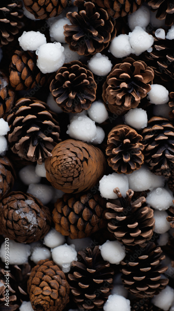 Pine cones on snow background. Top view. Winter concept. Pine cones on snow background. Top view. Winter concept.