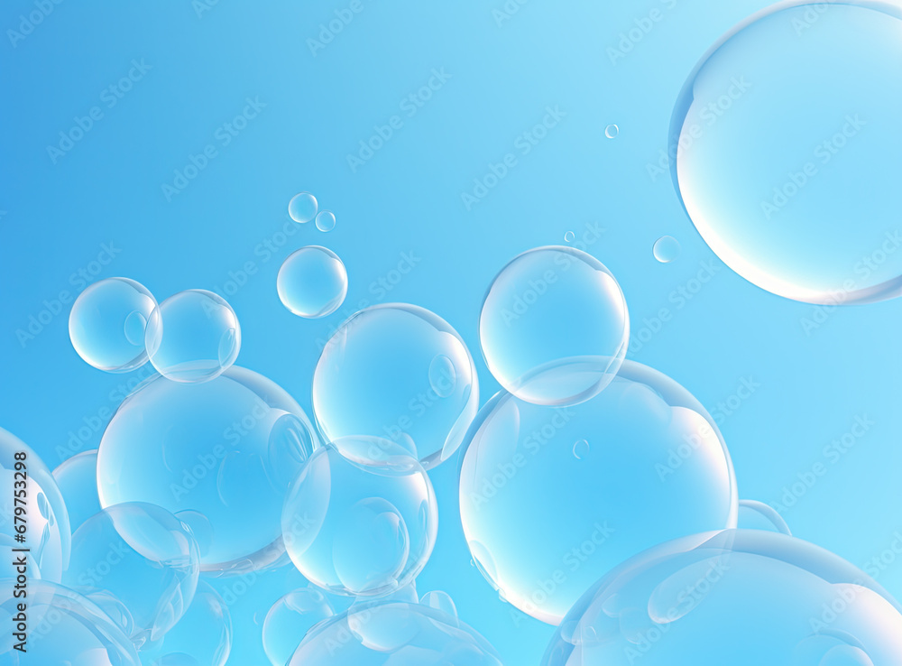 Soaring bubbles on blue background. Abstract soap bubbles floating background.