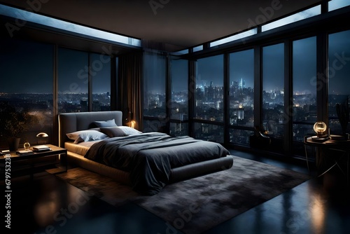  A room with a night view of the city from the bed