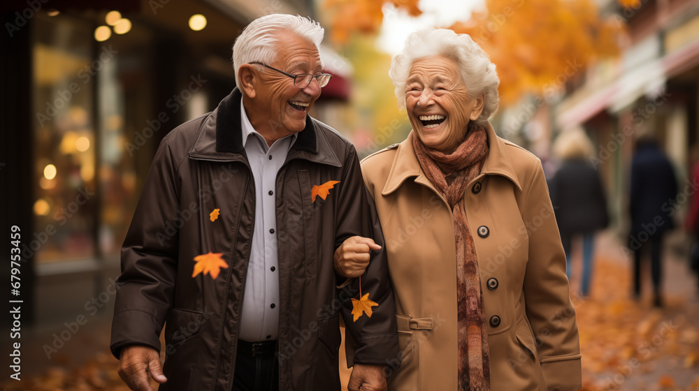 Happy senior couple walking in the city. They are laughing and holding maple leaves. Happy senior couple walking in the city. They are laughing and holding maple leaves.