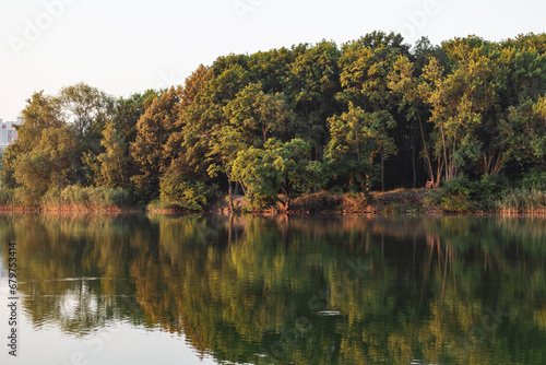 Wallpaper Mural Calm sunrise, dawn on river with forest reflection on mirror water. Trees and reeds in warm sunlight, nature Torontodigital.ca