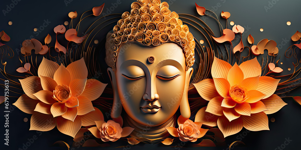 glowing 3d golden buddha face and abstract glowing colorful lotuses flowers - obrazy, fototapety, plakaty 