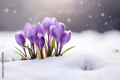 spring crocus flowers in the snow