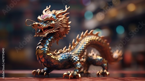 Golden dragon statue in the Chinese temple, closeup of photo