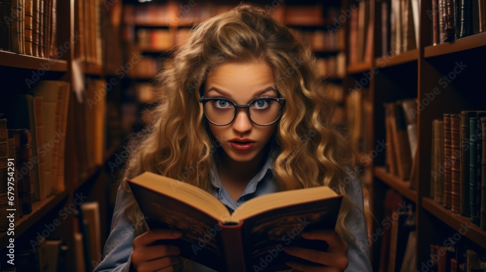 surprised girl in glasses among textbooks, bookworm, in the library student preparing for exam in college studying holding a book in his hands surprised girl in glasses among textbooks, bookworm, in the library student preparing for exam in college studying holding a book in his hands