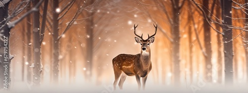 Red deer stag in the winter forest. Noble deer male. Banner with beautiful animal and magic lights. Wildlife scene from the wild nature snowy landscape. Wallpaper, Christmas background © ratatosk