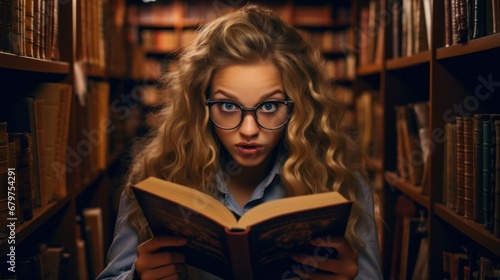 surprised girl in glasses among textbooks, bookworm, in the library student preparing for exam in college studying holding a book in his hands